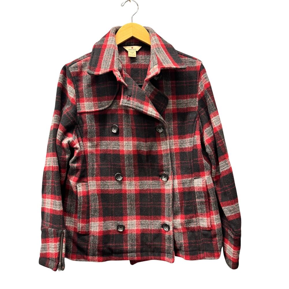 Woolrich Peacoat Womens Medium‎ Red Black Plaid Wool Blend Double Breasted